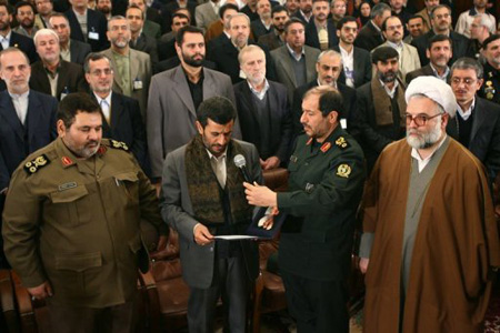 Iranian President Mahmoud Ahmadinejad is pictured in 2008 in Tehran with Hassan Firouzabadi (L) (AFP/FARS News)