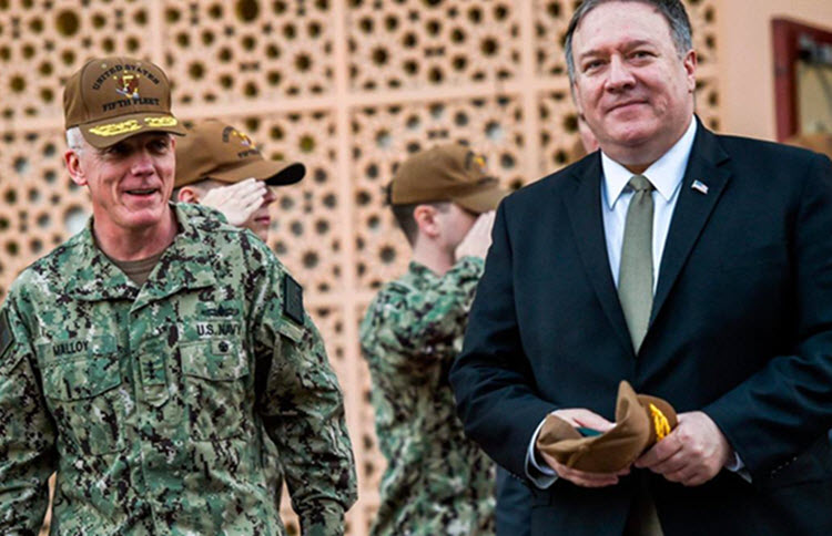 Vice Admiral James Malloy, commander of the US Naval Forces Central Command, walks with Secretary of State Mike Pompeo