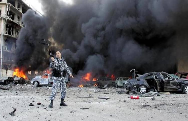 The immediate aftermath of the blast that killed Rafic Hariri.